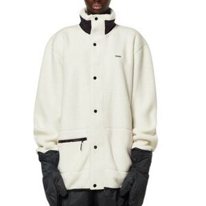 RAINS Heavy Fleece Jacket WMNS XL White Long Snap Button Up‎ Boxy Teddy Fossil